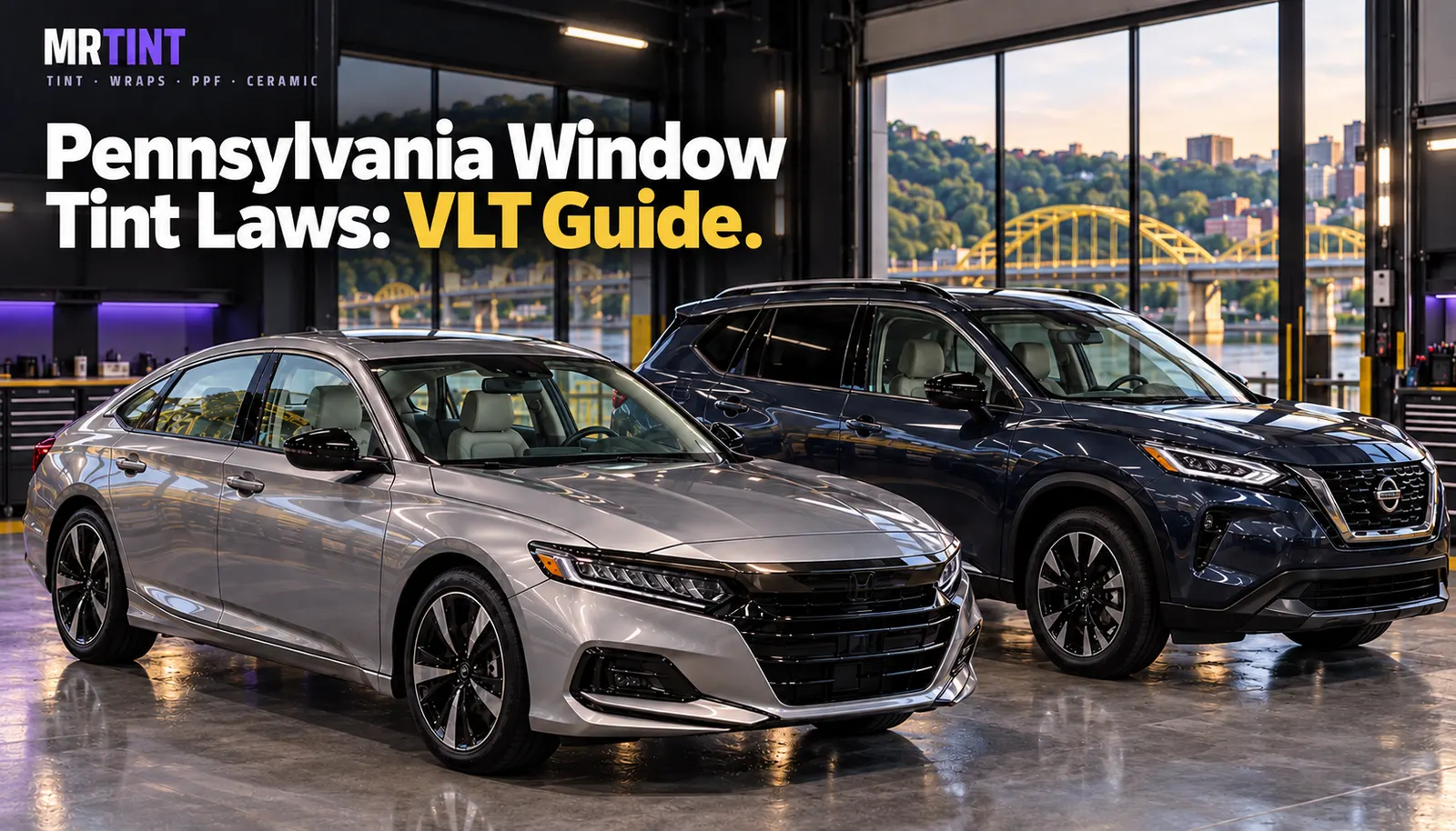 A silver saloon and a dark SUV in the Mr. Tint bay, under the headline Pennsylvania Window Tint Laws: VLT Guide