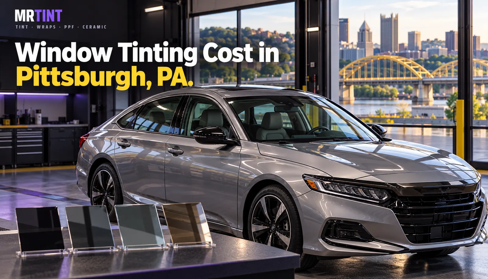 A silver saloon beside a row of tint shade samples in the Mr. Tint bay, under the headline Window Tinting Cost in Pittsburgh, PA