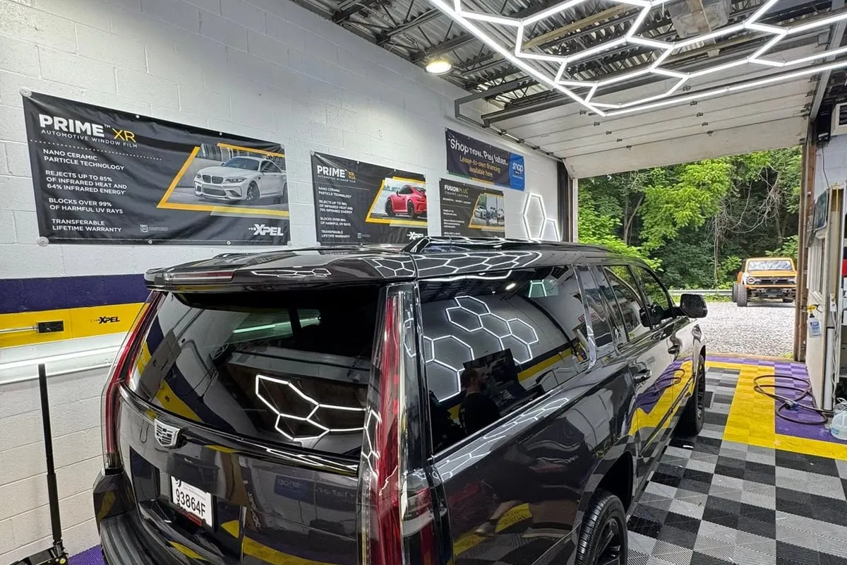 The rear of a black Cadillac Escalade with paint protection film at Mr. Tint
