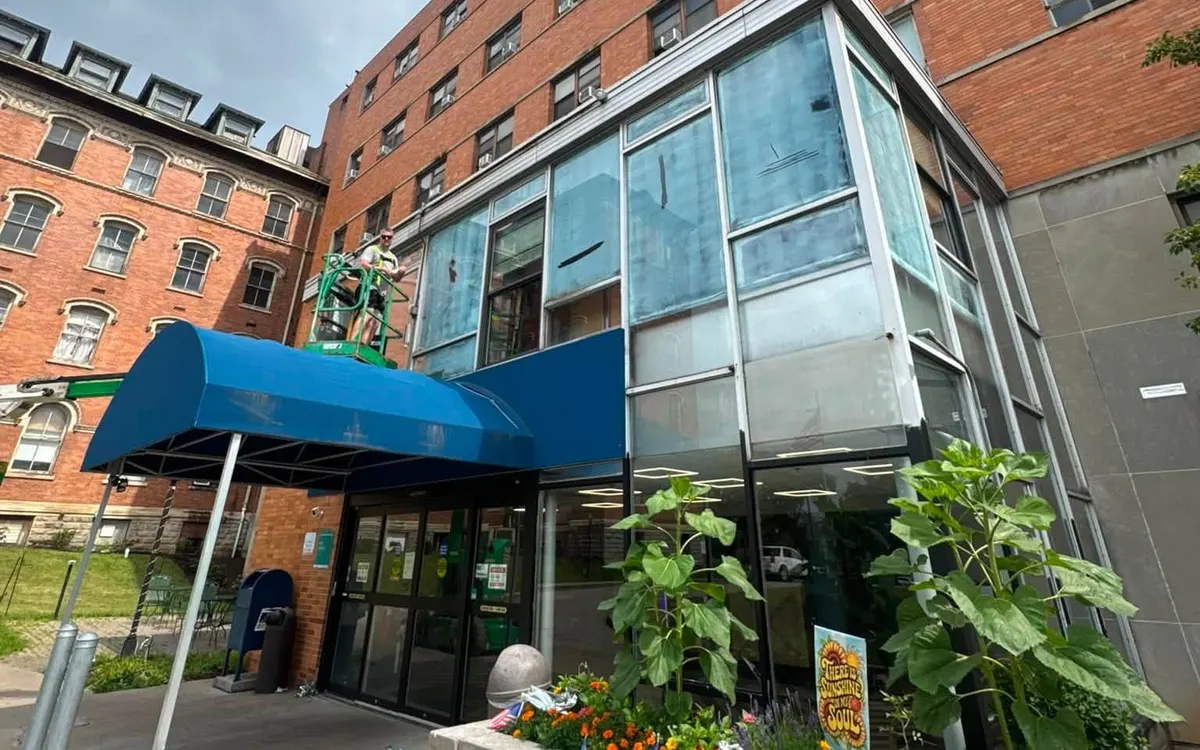 Window film on the glazed frontage of a building in the Pittsburgh area