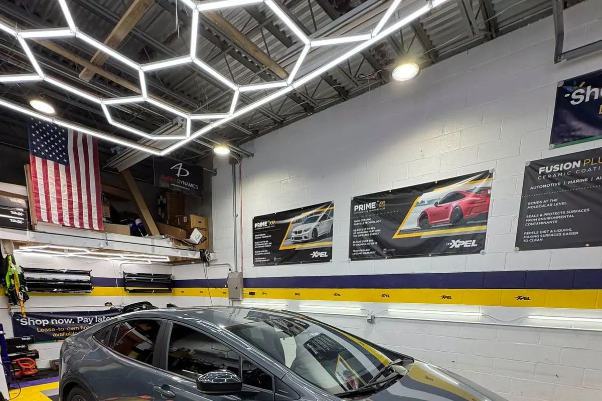 A car inside the Mr. Tint installation bay in Plum, Pennsylvania